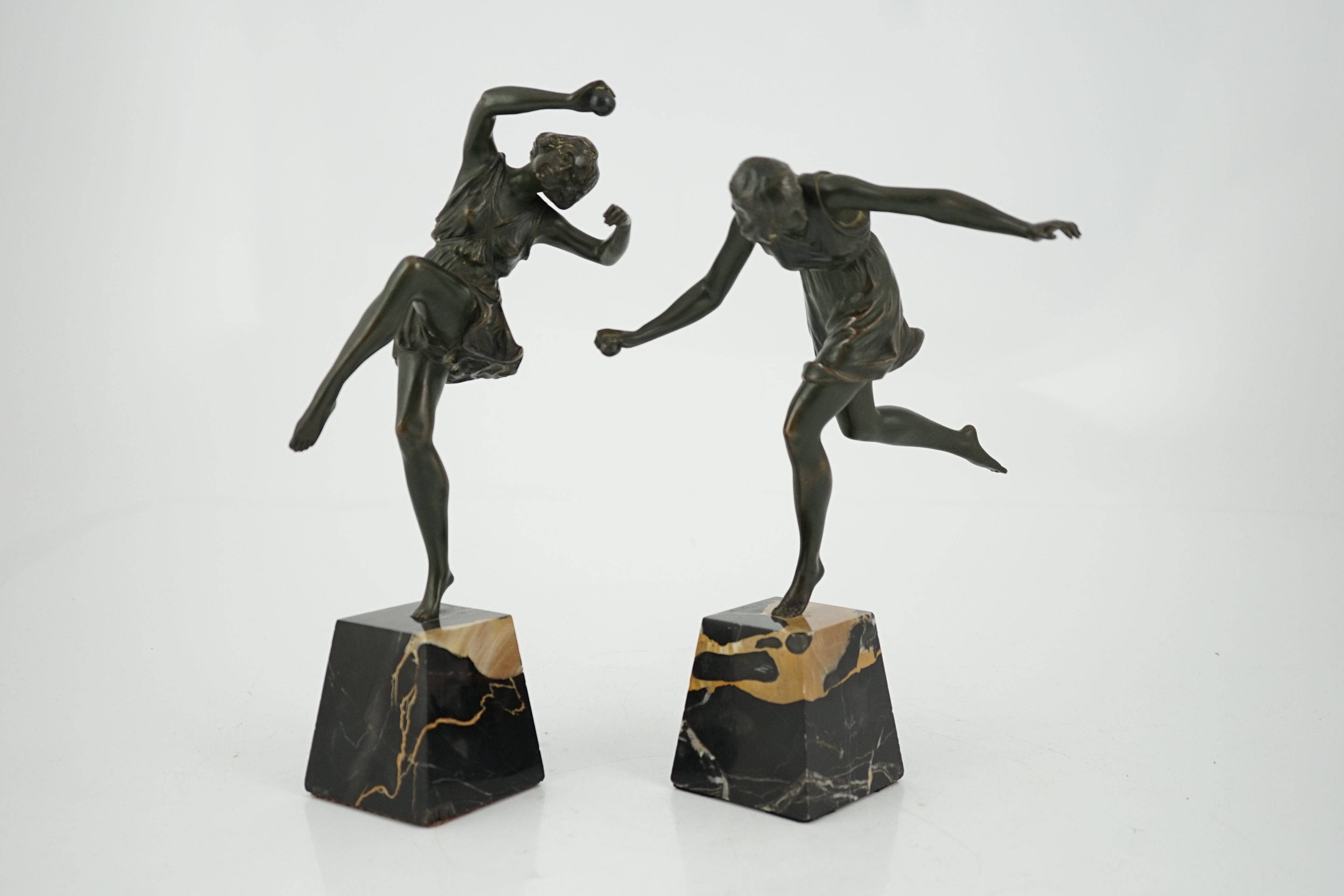 Pierre Camille Marie Le Faguays (1892–1962), a pair of bronze Art Deco figures of classical dancers, 29cm and 25cm high